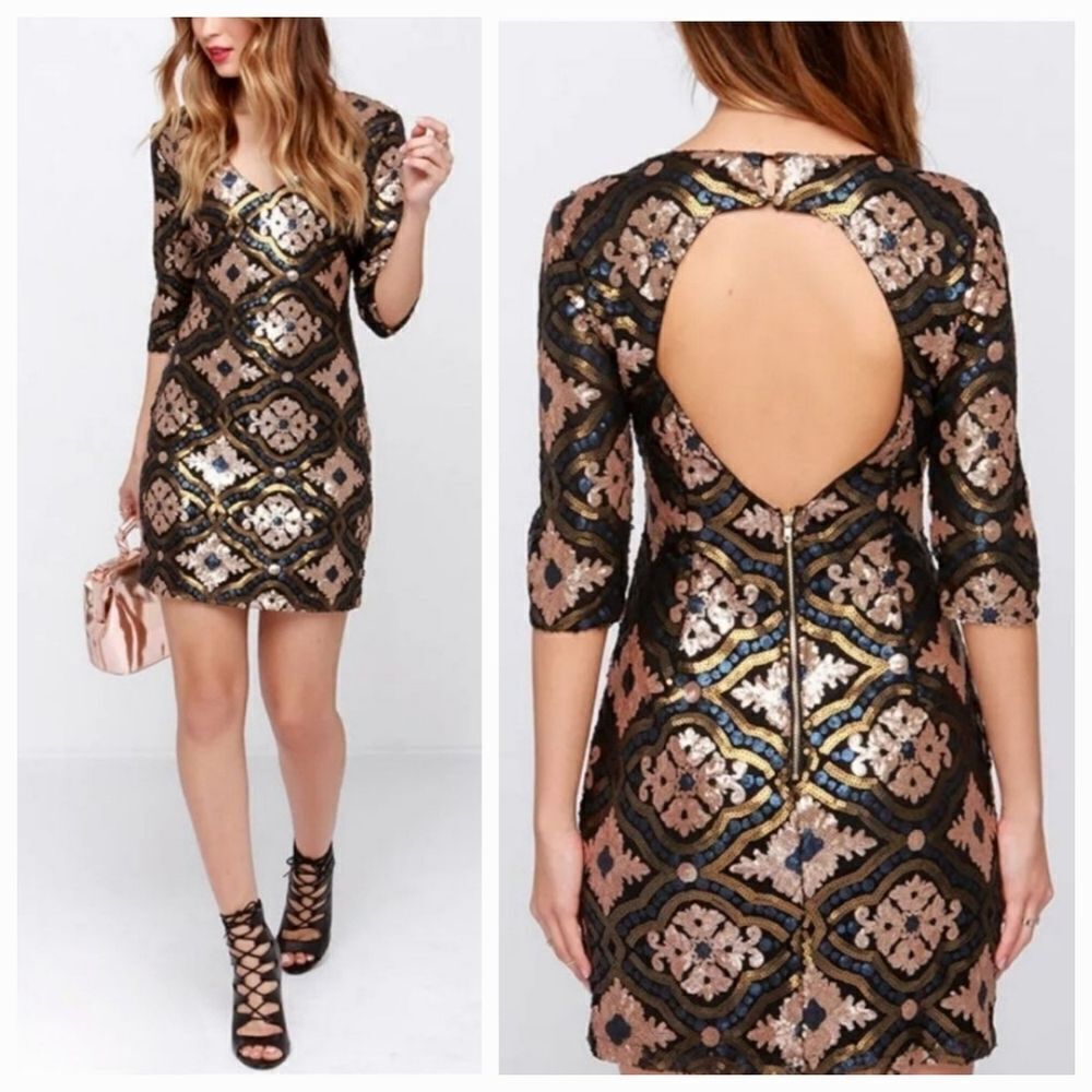 MARINEBLU Gold Blue Sequin V-neck Keyhole Back Dress Size M